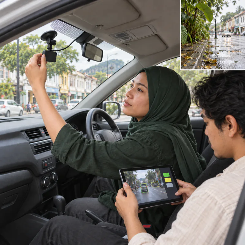AI-generated concept scene of a camera in a parked car being adjusted while road footage is reviewed on a tablet