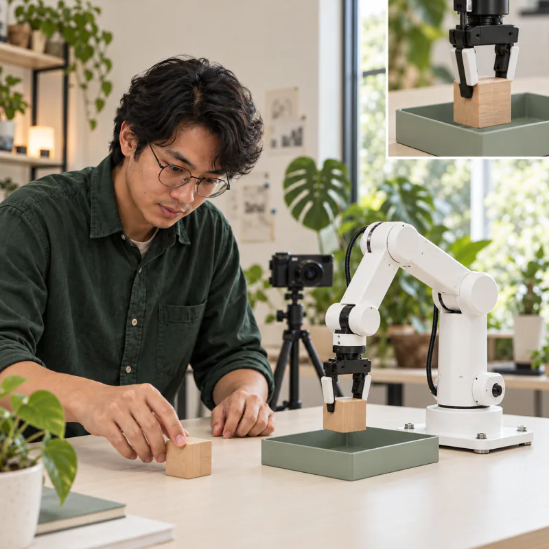 AI-generated concept scene of manipulation data collection through block placement, robotic grasping and camera recording