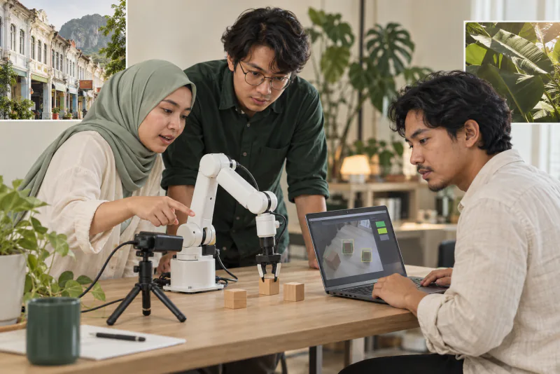 AI-generated concept scene of three people working with a robotic arm, camera and laptop to collect data