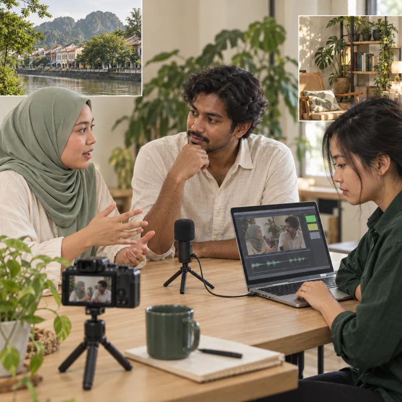 AI-generated concept scene of a conversation recorded with a camera and microphone, with video and audio waveforms on a laptop
