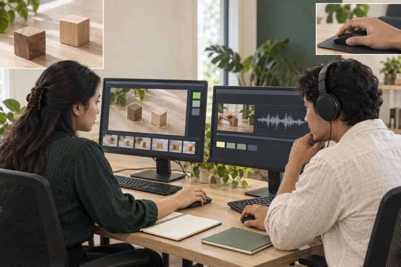 AI-generated concept scene of software-assisted audio and video review and object annotation across two monitors