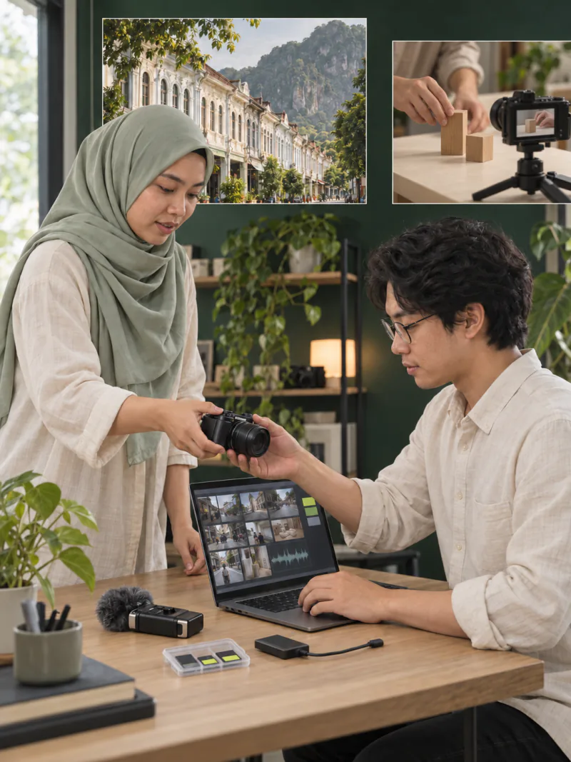 AI-generated concept scene of two people handing over capture equipment and reviewing outdoor images and audio on a laptop